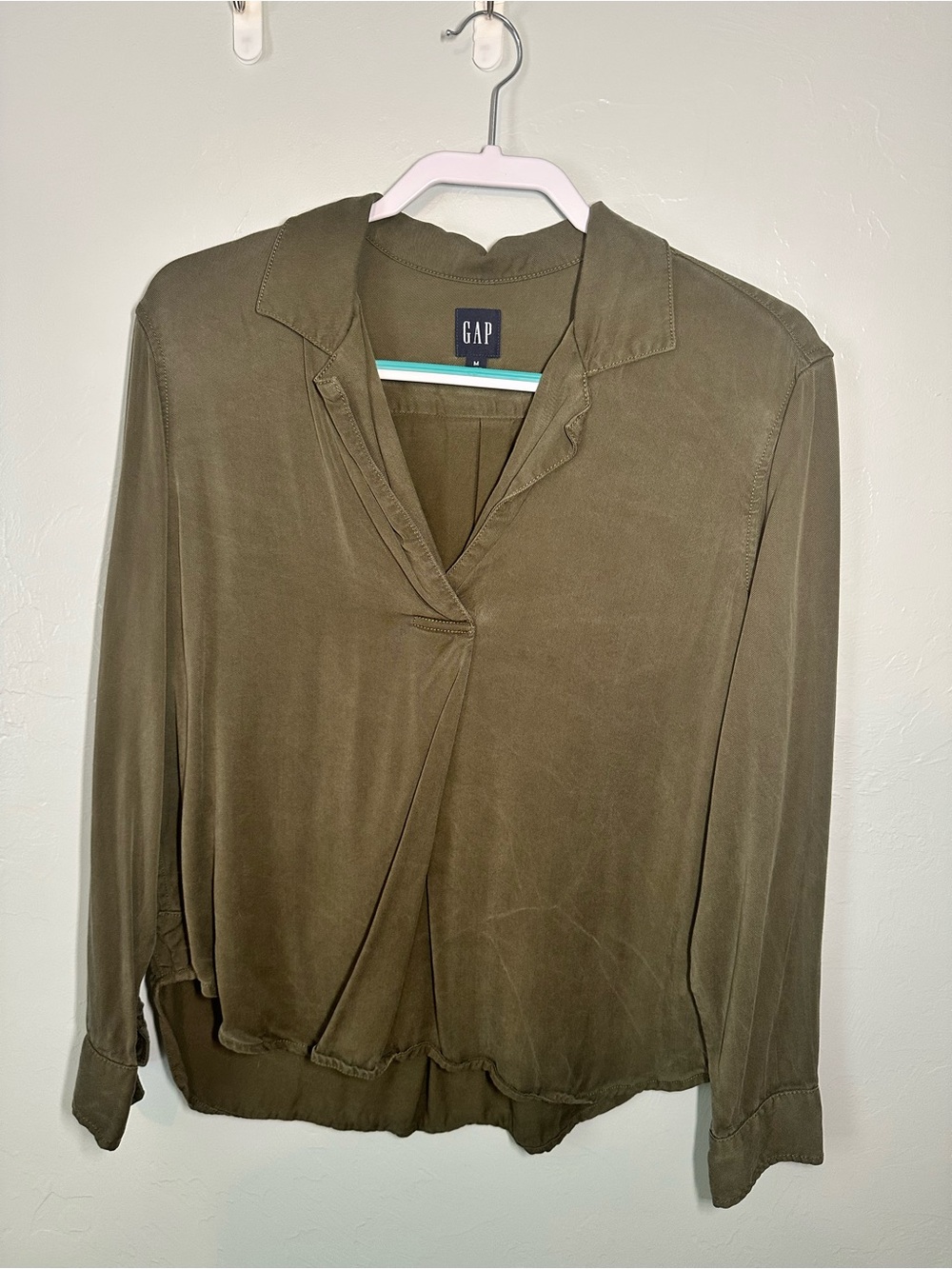 GAP Olive Draped Button-Down Blouse